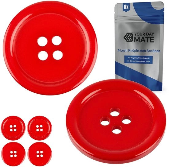 Knopen per abbigliamento, 6 pezzi, 4 occhi, Ø 40,6 mm, in rosso, realizzati in poliestere, misura 64L, chiodi per giacche, cappotti, camicie, polo, DIY-knoop di resina, chiodi per bucato, chiodo base, chiodi per hobby