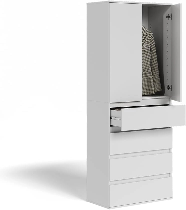 Armadio Claus, Bianco, 74 x 191.5 cm con 4 cassetti, per la conservazione di abbigliamento e tessili