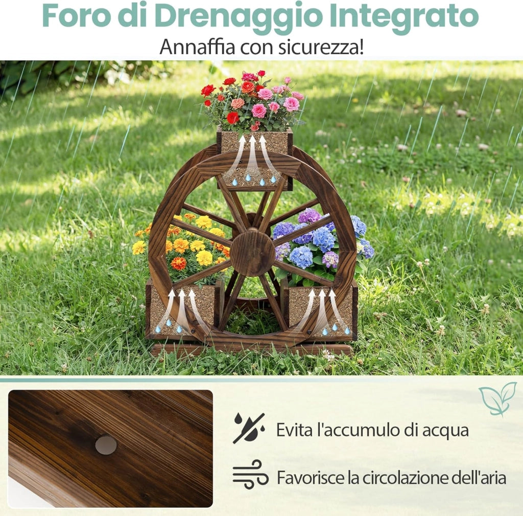 Fioriera a Carro in Legno, Letto da Giardino Rialzato a 2 Livelli con 3 Scatole, Fori di Drenaggio e Ruote, Carrello Decorativo per Fiori da Interno ed Esterno per Patio e Balcone