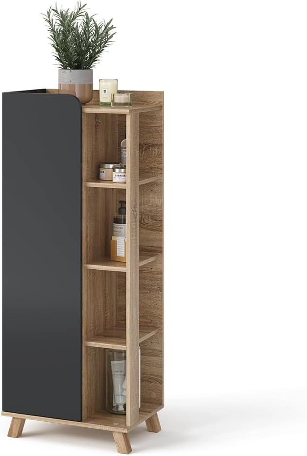 Mobiletto midi Karen, Sonoma/antracite, 50 x 128 cm con porta e vani aperti, per la conservazione di articoli da bagno e asciugamani