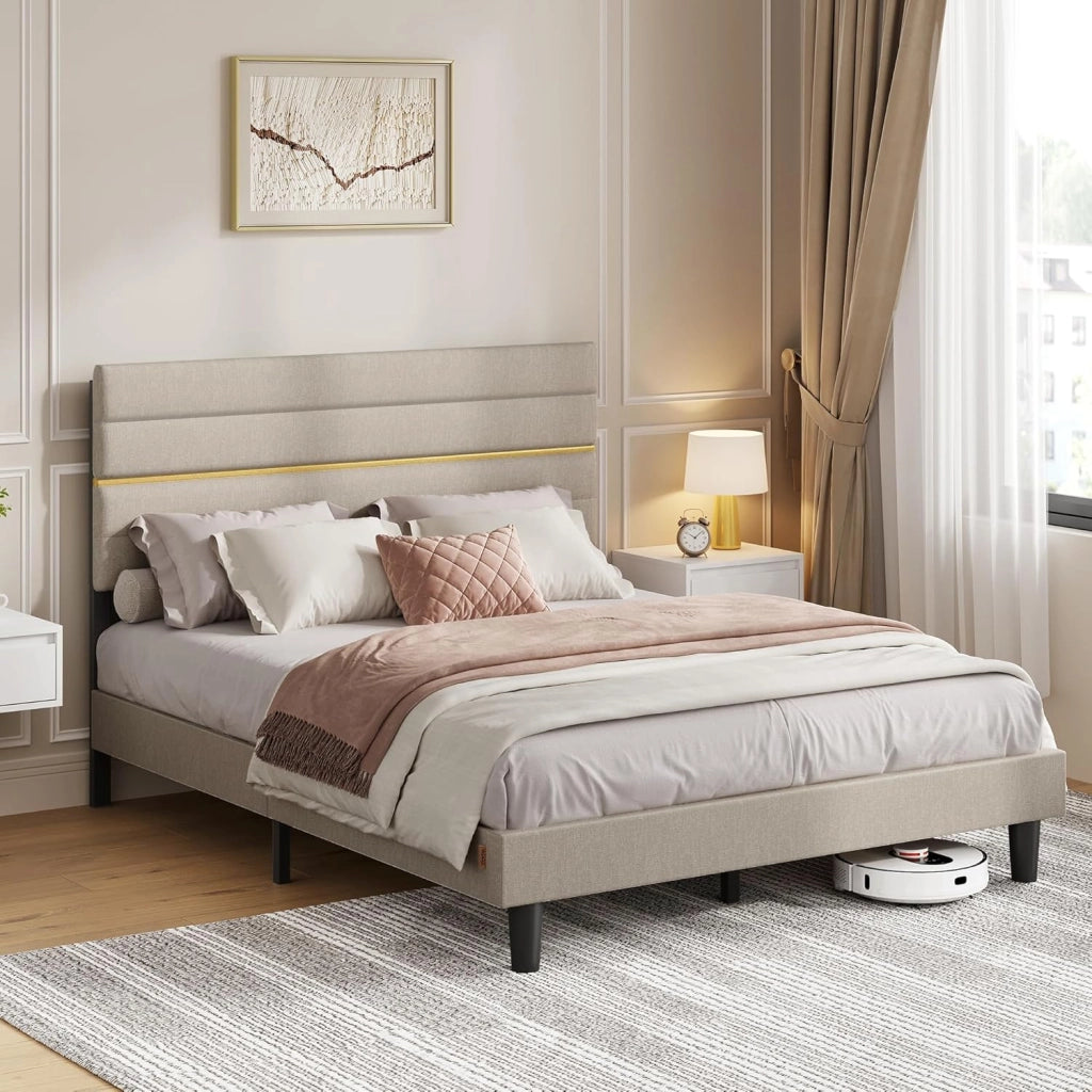 VASAGLE Struttura Letto Matrimoniale, Telaio Letto, per Materasso 140 x 200 cm, Testiera Imbottita Regolabile, Metallo e Legno, Moderno, Beige Cappuccino RMB504LH01