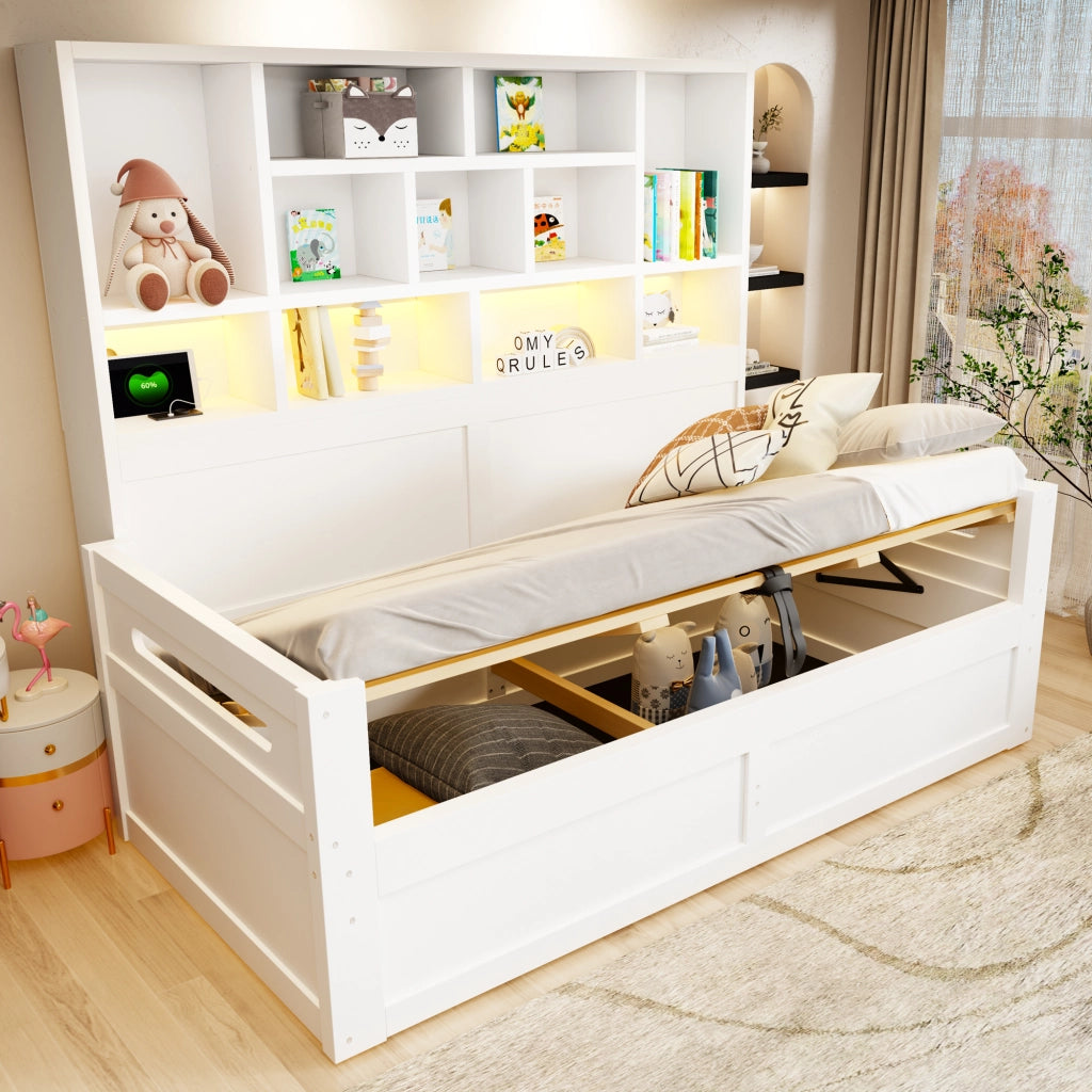 Letto contenitore 90x200 cm con sollevamento idraulico; LED; USB e ripiani portaoggetti; MDF bianco