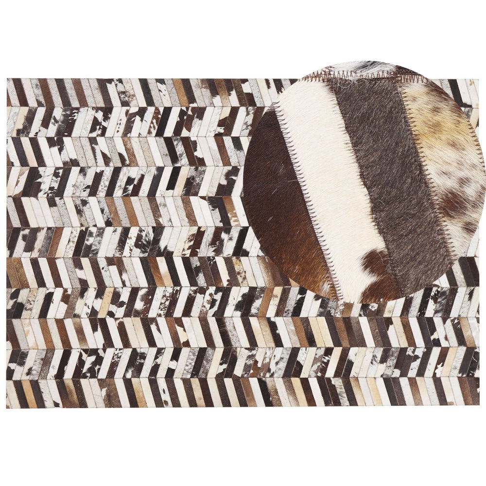 Tappeto tappetino Pelle Bovina Marrone e Bianca 160 x 230 cm Motivo A Spina Di Pesce Patchwork
