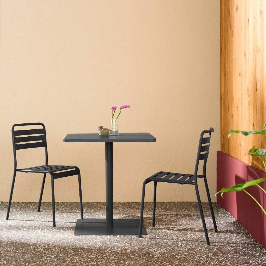 Set tavolo da giardino bistrot quadrato in acciaio con 2 sedie,