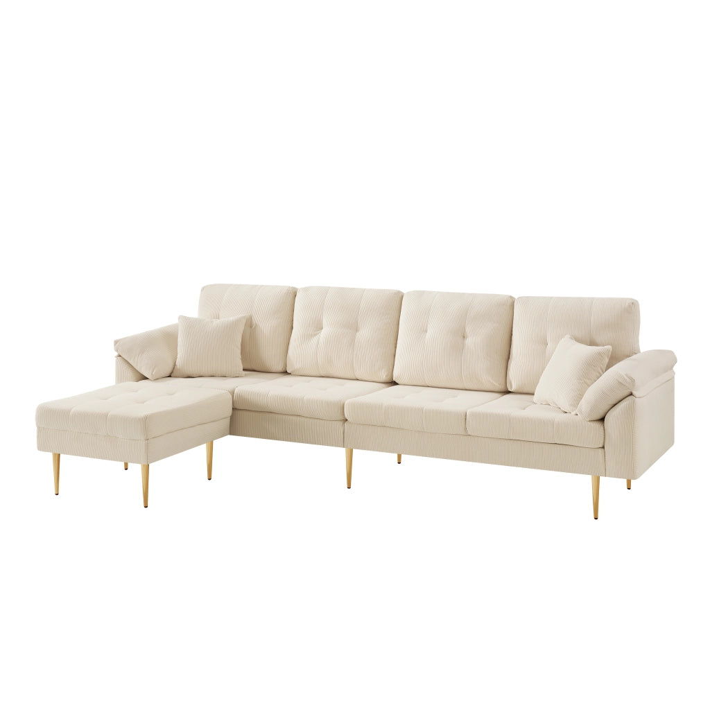 Divano 4 posti in velluto a coste con pouf modulabile; beige chiaro; 250 cm