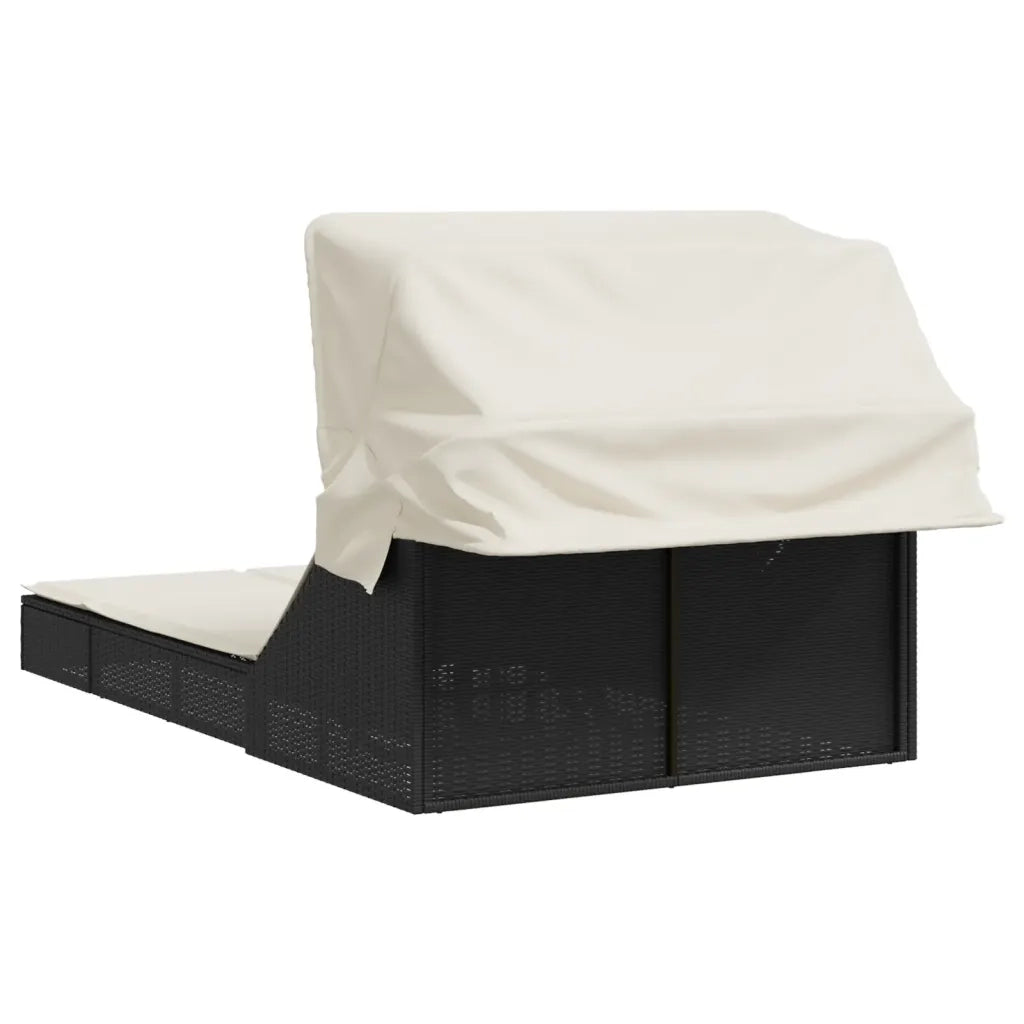 vidaXL Lettino Prendisole Doppio Baldacchino e Cuscini Nero Polyrattan