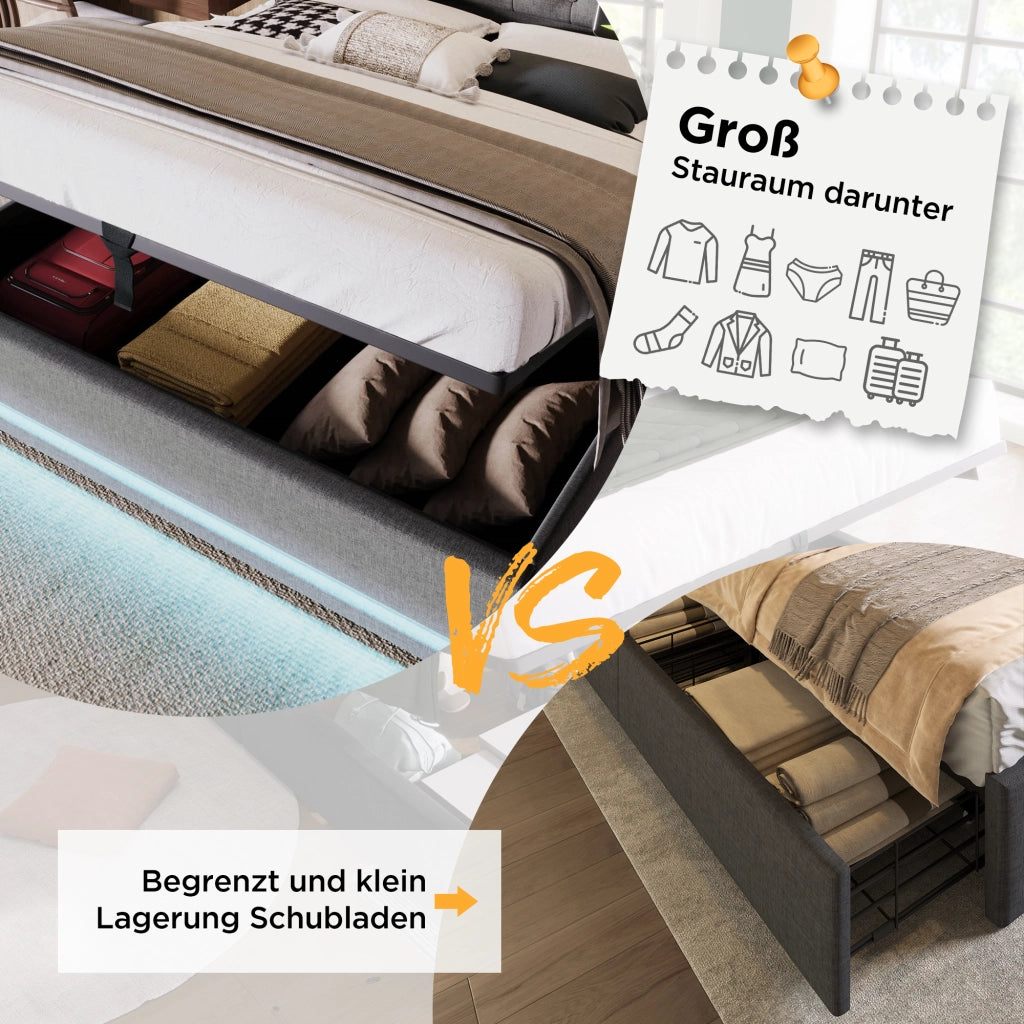 OKWISH Letto Contenitore 160×200 cm, Letto Matrimoniale con USB, Type-C e LED Regolabile, senza Materasso, in Cotone, Grigio