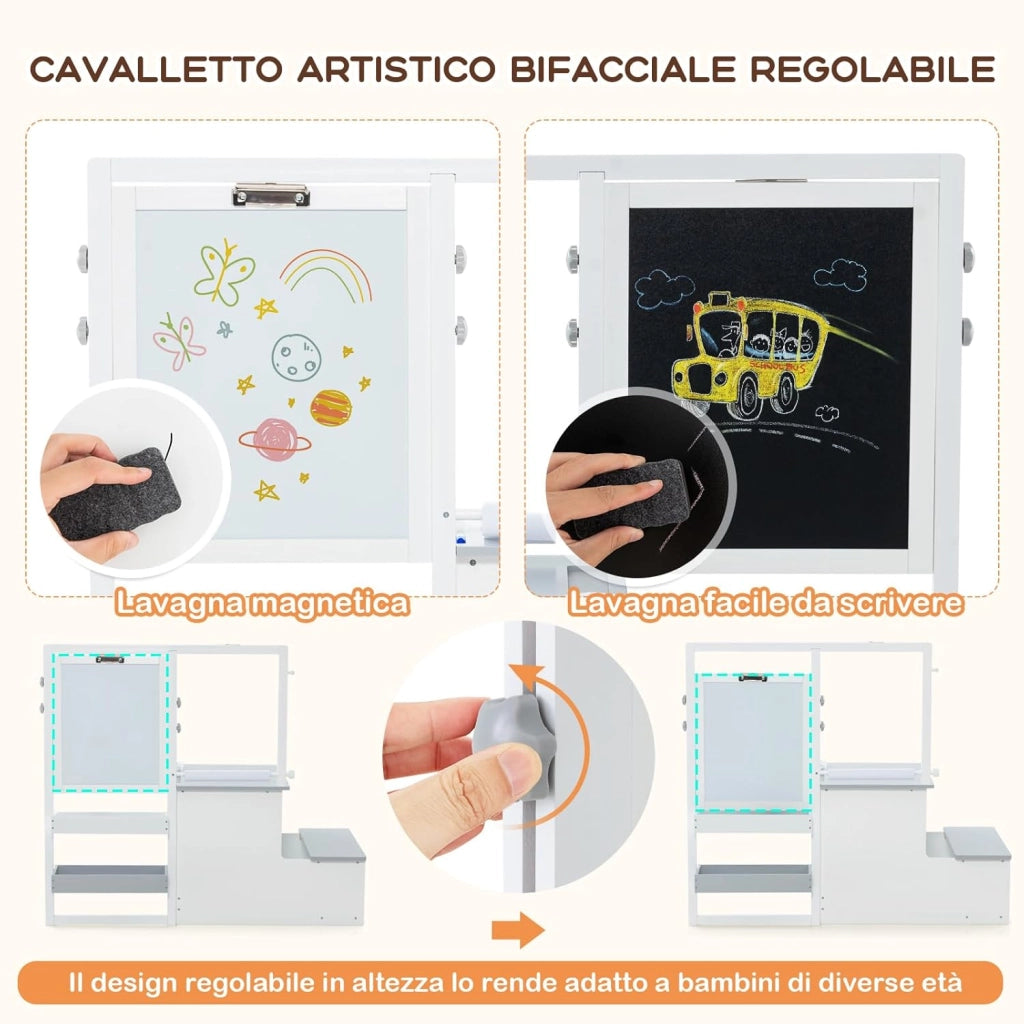 Set 3 in 1 Tavolo e Sedie per Bambini 3+ Anni, Tavolo in Legno Sicuro con Lavagna Cancellabile, Magnetica, Cavalletto Regolabile, Libreria e Accessori Artistici, per Disegno (Bianco e Grigio)