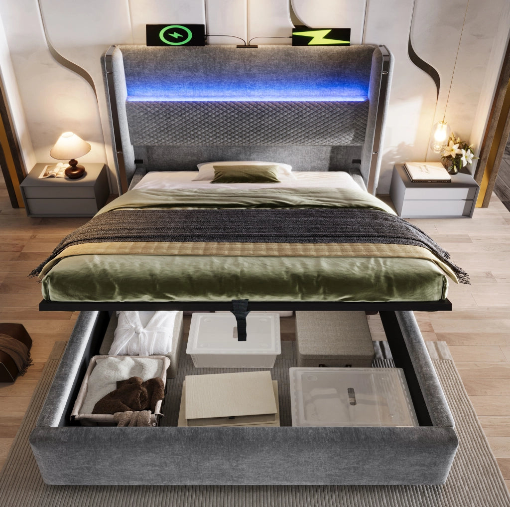 Letto singolo 90x200 cm con contenitore; testiera alta in lino grigio; LED e prese USB Type-C
