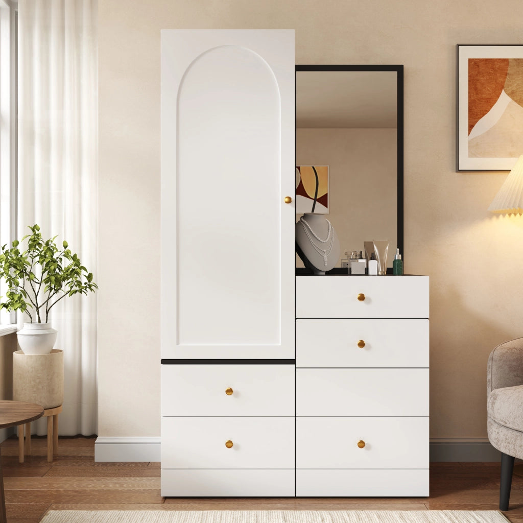 Armadio guardaroba con specchio e postazione trucco, sgabello estraibile e cassetti capienti