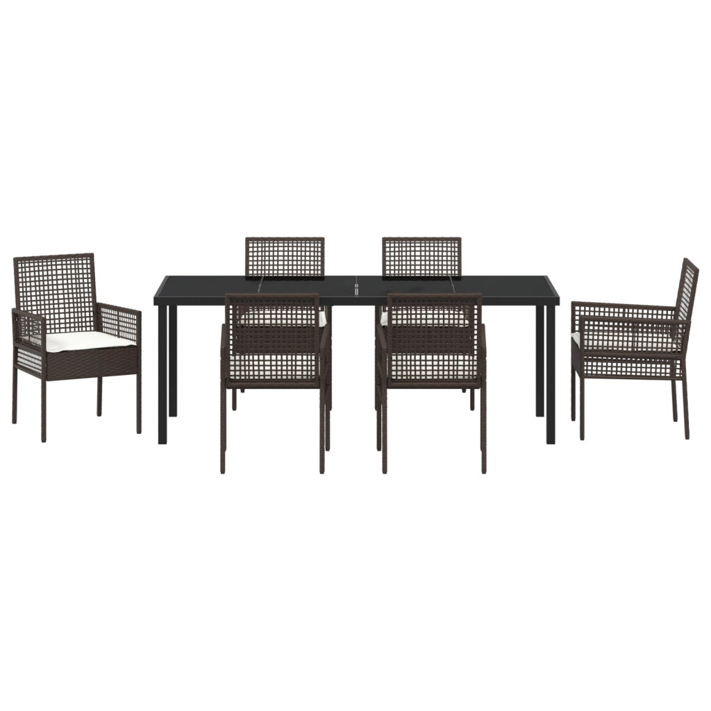 Set giardino 7 pezzi con cuscini in polyrattan marrone