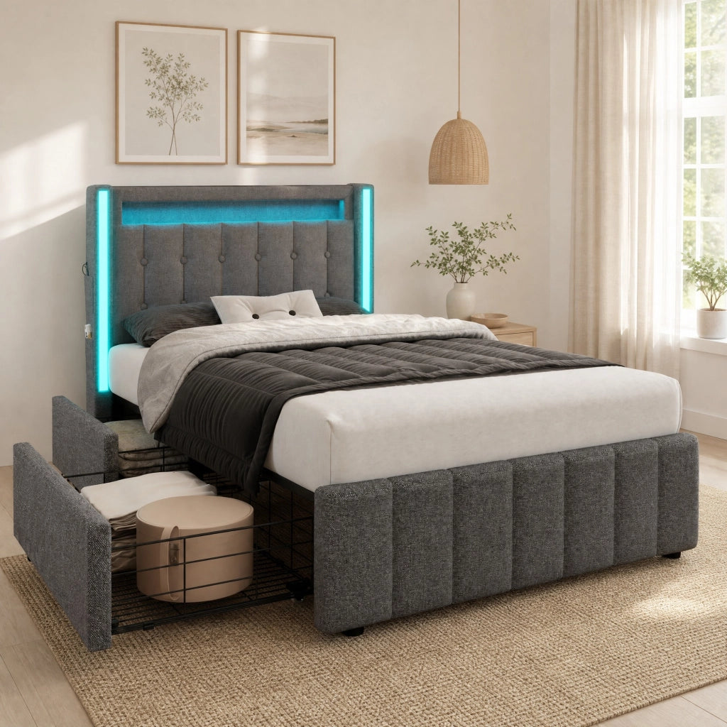 Letto singolo 90x200 cm con USB Type-C; LED e 2 cassetti; lino grigio