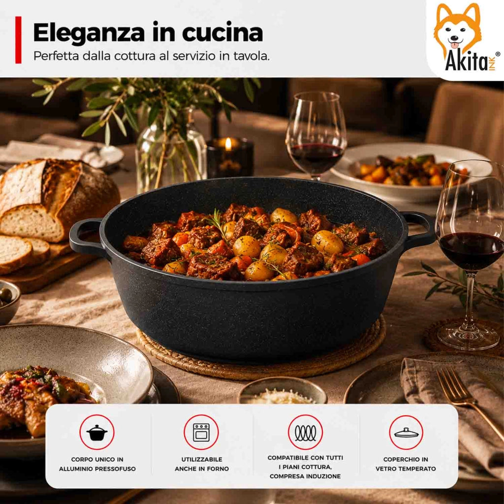Akitaink Casseruola Alluminio Pressofuso Coperchio in Vetro 28 cm