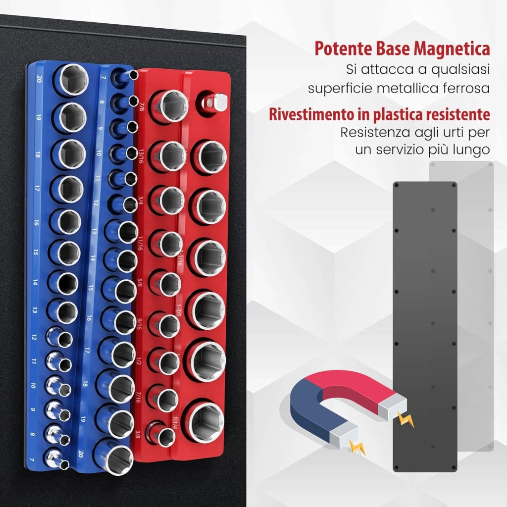 6 Pezzi Set di Supporti Magnetici per Punte delle Chiavi a Bussola, Organizer per Punte con Unità da 2,5/10cm, 7,5/20cm e 2,5/10cm, Rosso SAE e Blu Metrico