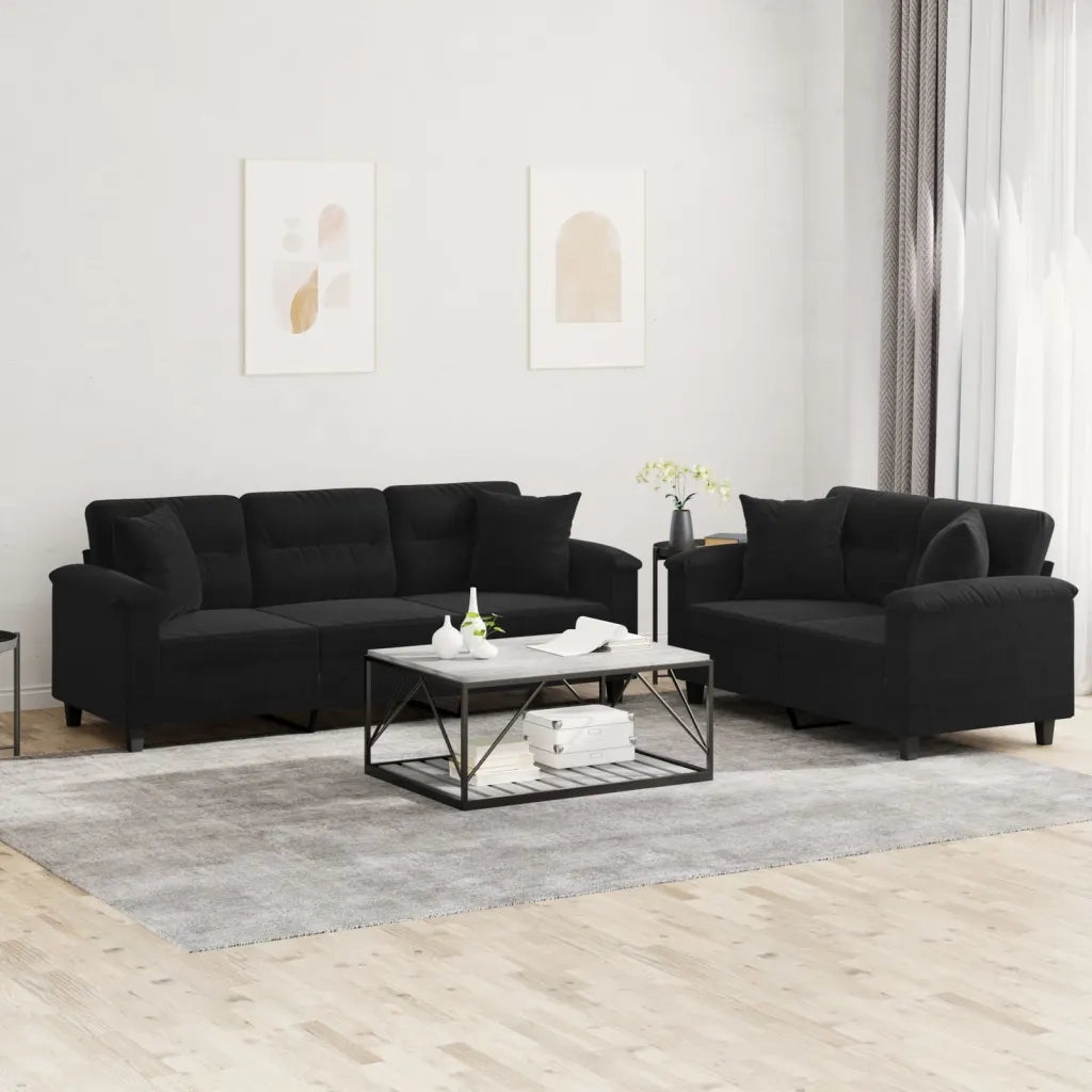 Set Divani 2 pz con Cuscini Nero in Tessuto Microfibra