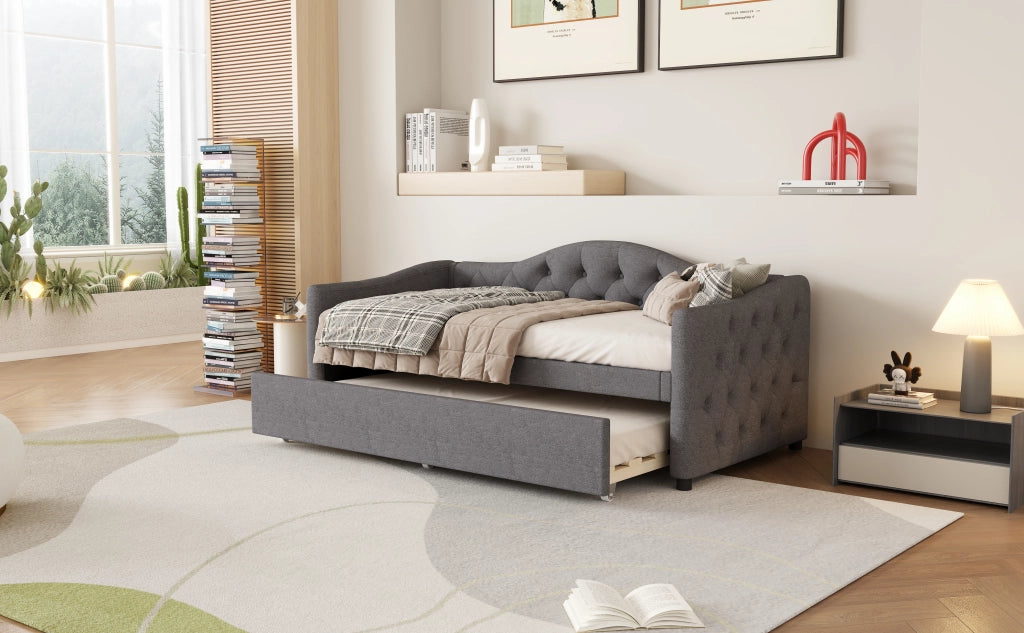 DESMIU Divano letto 90 × 200 cm 1 posto con letto estraibile, senza materasso, in lino, grigio