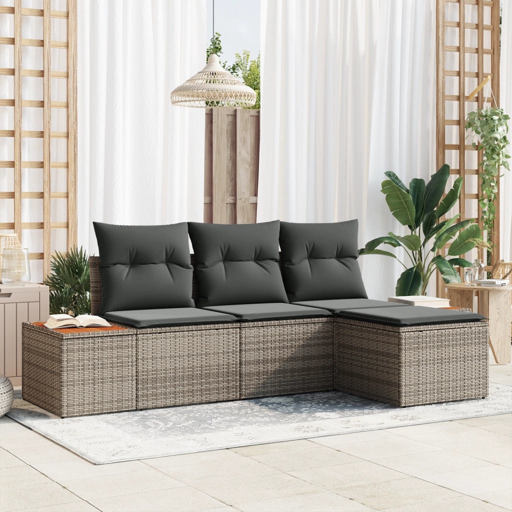 Set Divano da Giardino 4 Pezzi con Cuscini Grigio Polyrattan Acacia