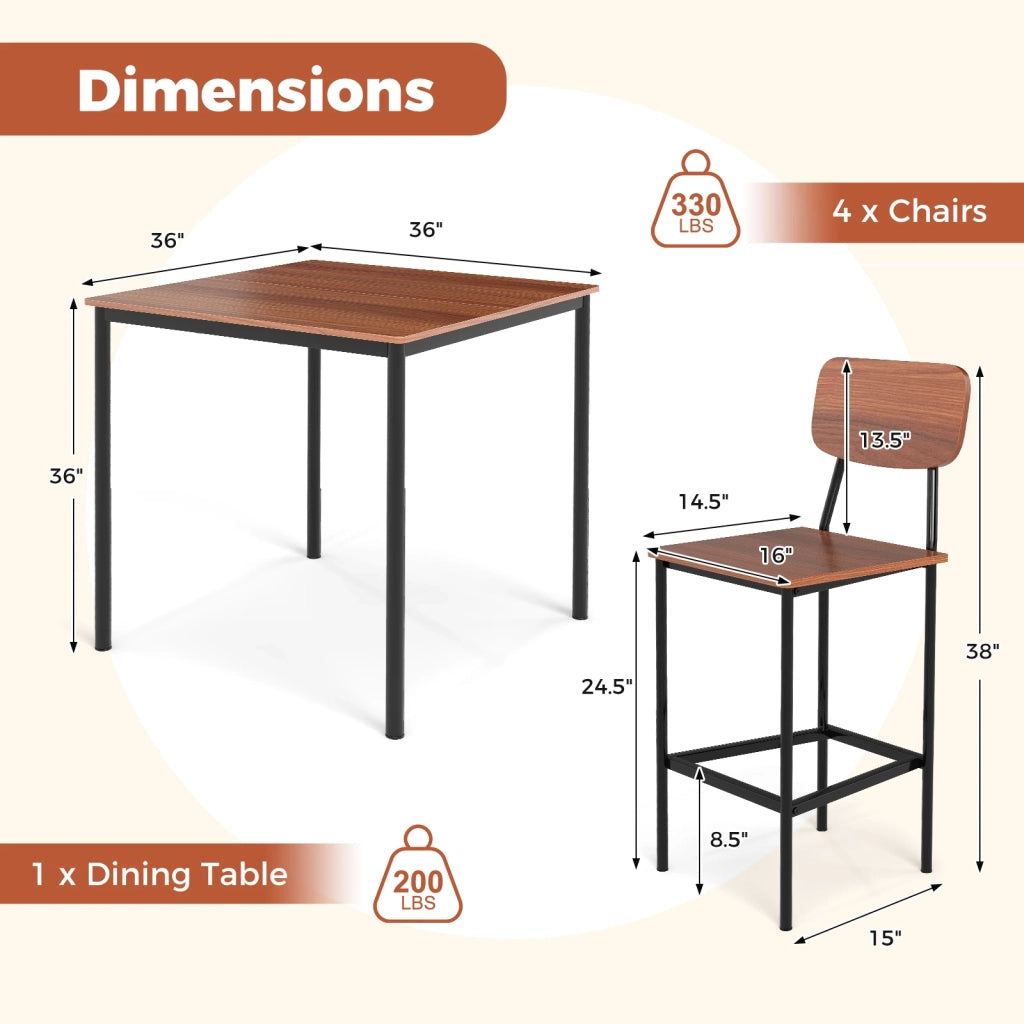 5 Pieces Industrial Dining Table Set with Counter Height Table and 4 Bar Stools-Walnut