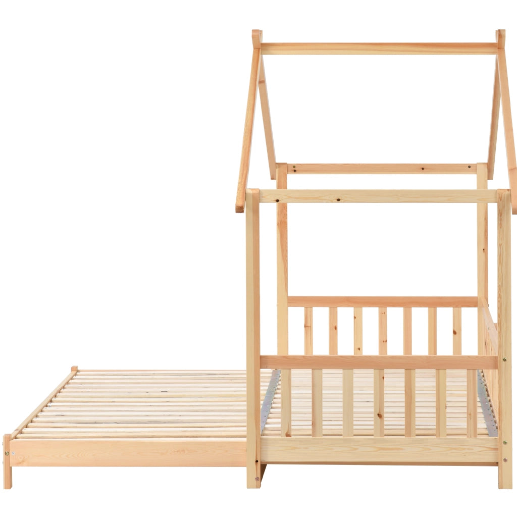 Letto casetta estensibile 208x182x170 cm; legno massello naturale