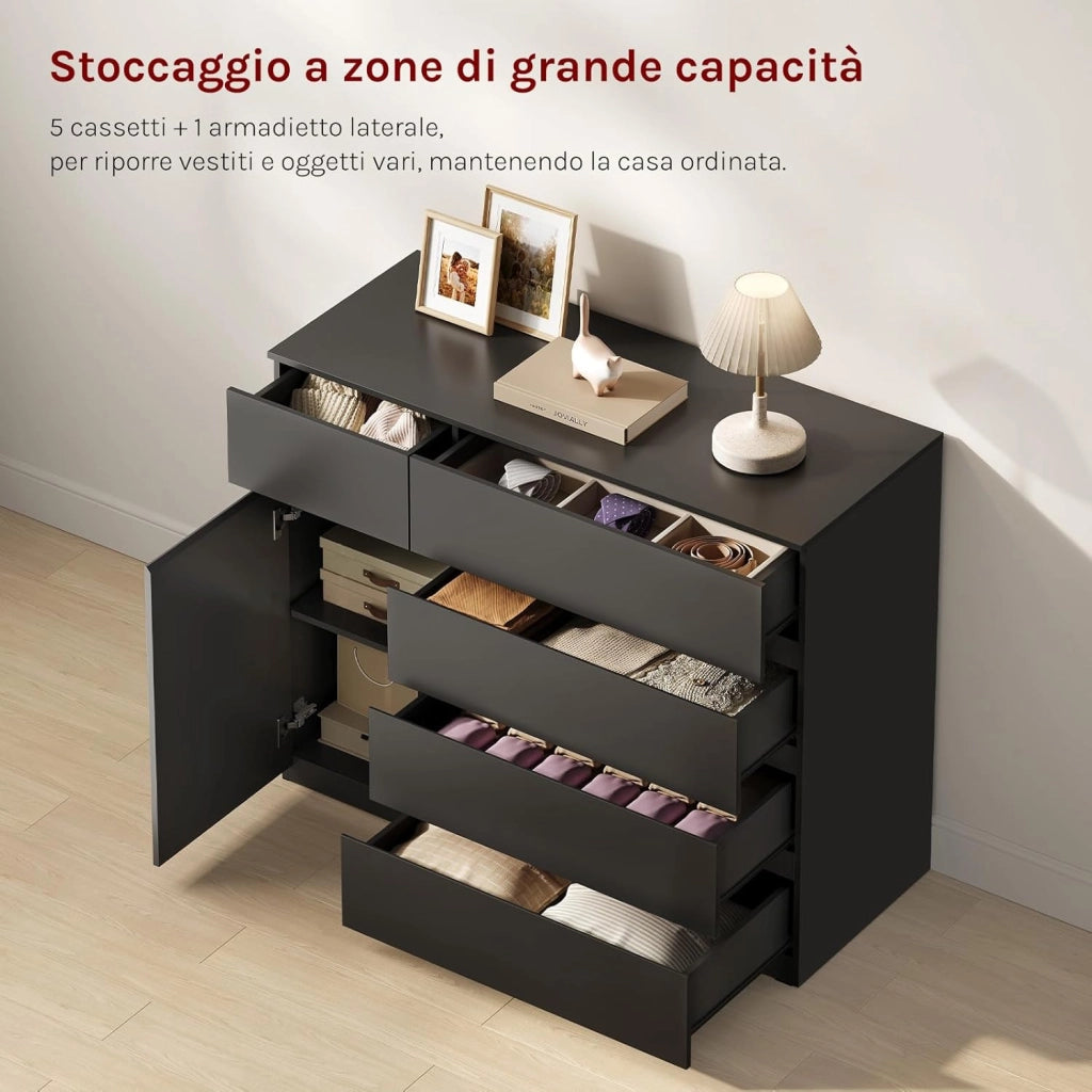 Cassettiera Camera da Letto, Mobiletto Salvaspazio con 5 Cassetti e 1 Armadietto, Ripiano Regolabile, per Soggiorno, Ingresso, 100x40x80 cm, Nero