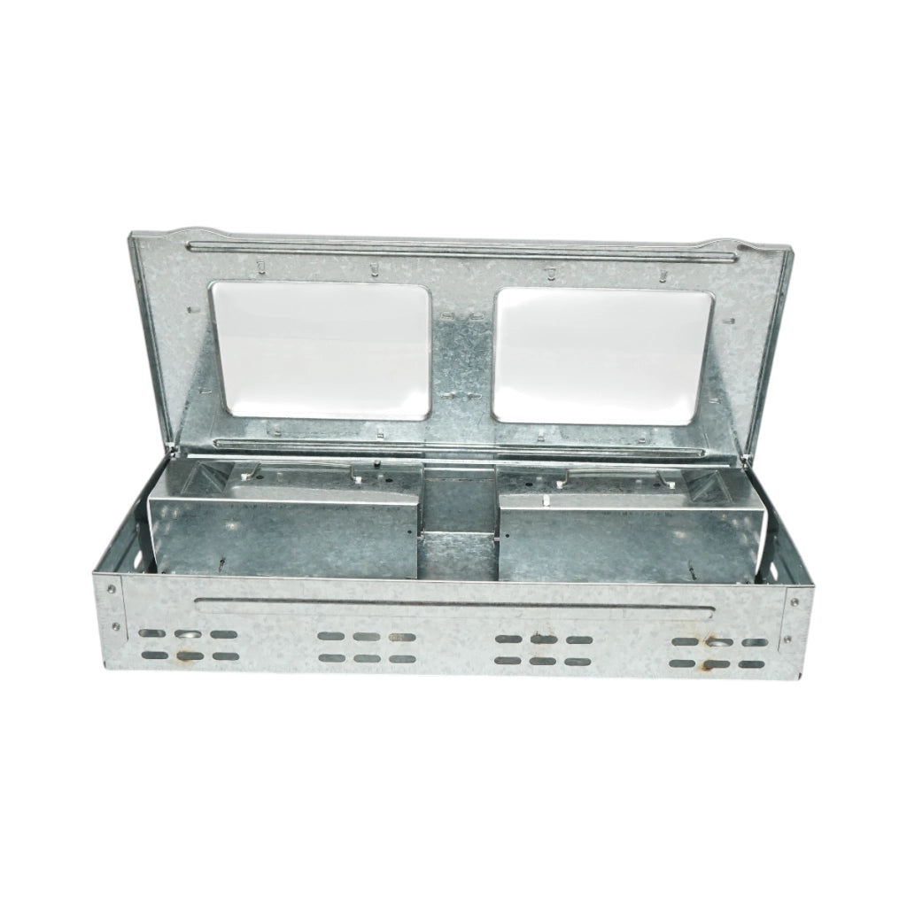 Trappola per topi professionale in metallo zincato, dimensioni 36,3x16,1x6,1 cm.