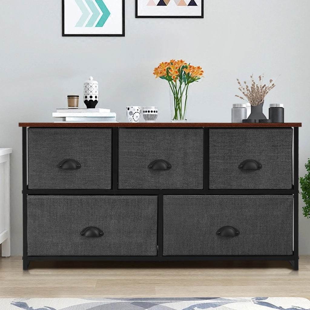 Organizer con 5 cassetti, Cassettiera con struttura in ferro e scompartimenti in tessuto, Nero