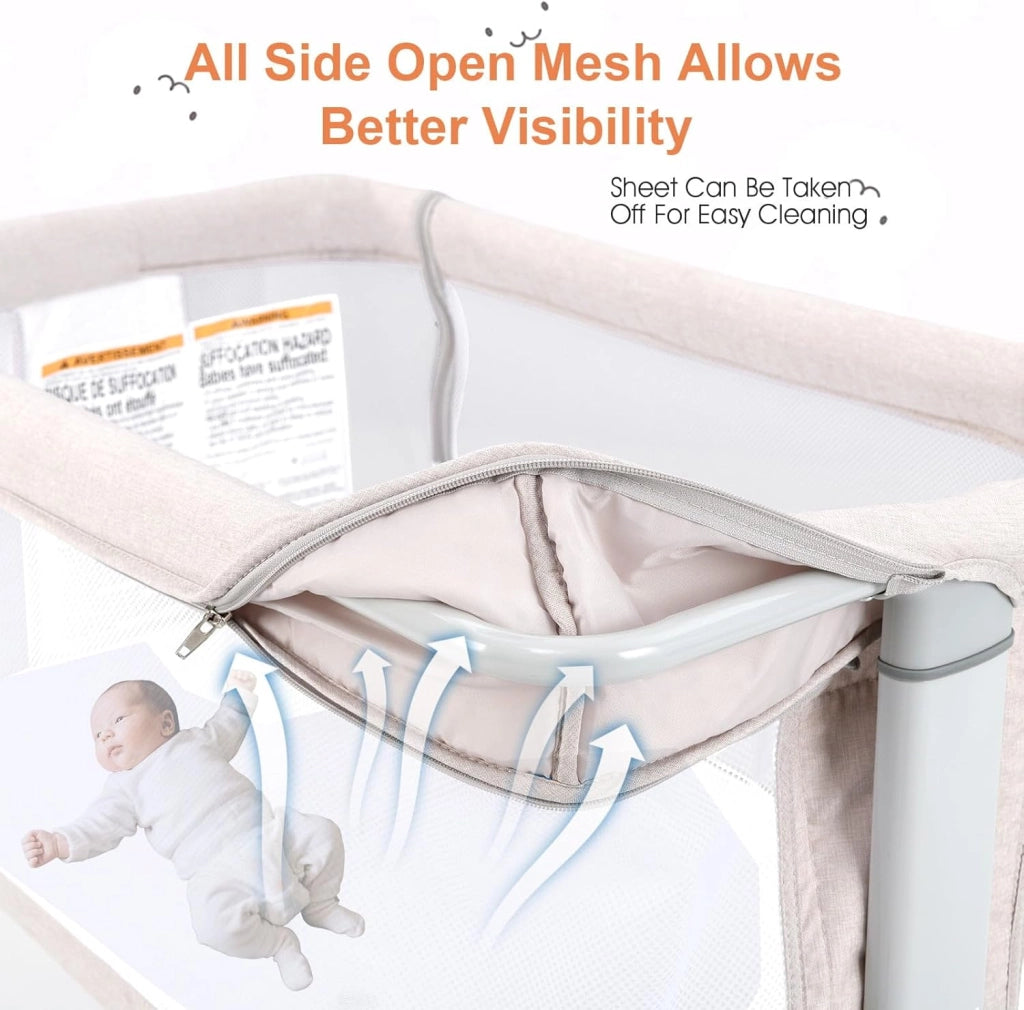 3 in 1 Culla Neonato Fianco Letto, Lettino Neonato Dondolo con Materasso, Culla Co-Sleeping Fino a 9 kg, Altezza Regolabili, 84 x 59,5 x 80,5cm (Beige)