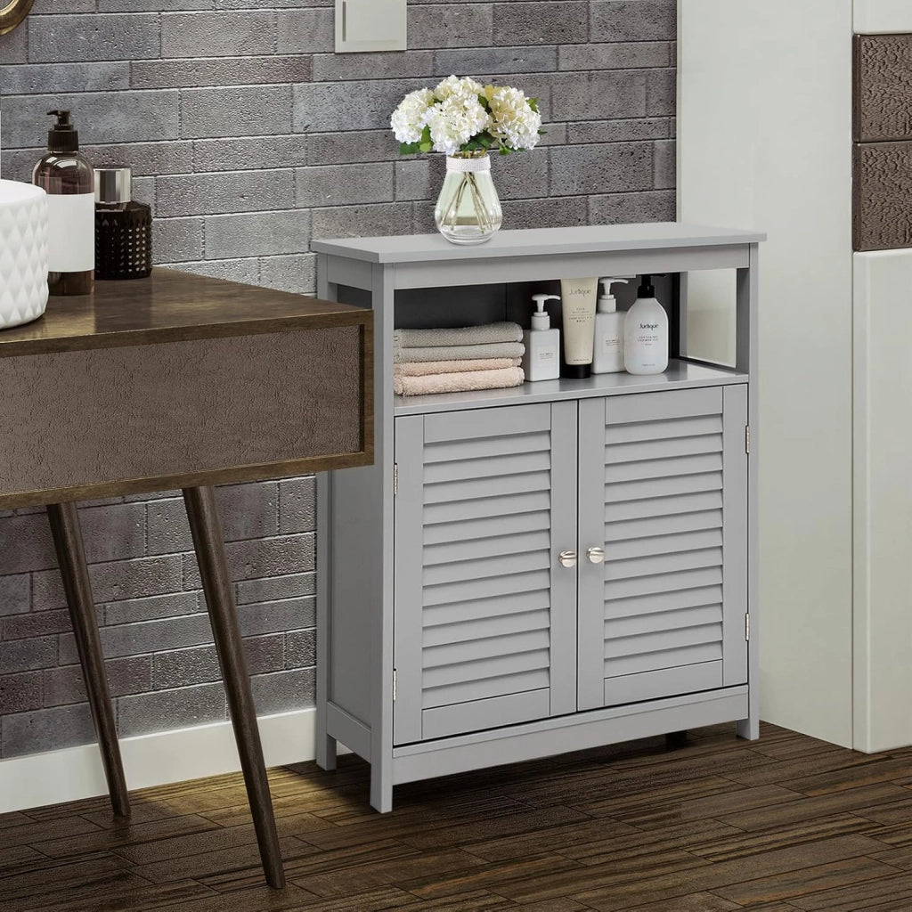 Armadietto Mobile Bagno Autoportante, con 2 Ante Legno e Ripiani Regolabili in Altezza, 3 Livelli, Multiuso e Salvaspazio, 30x60x80 cm (Grigio)