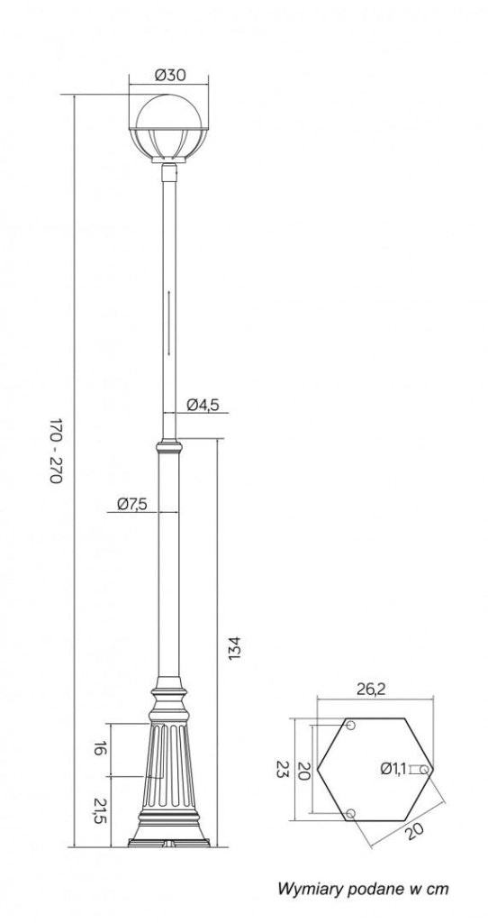 Lampione da giardino SU-MA Kule 270cm globo 25cm E27 nero