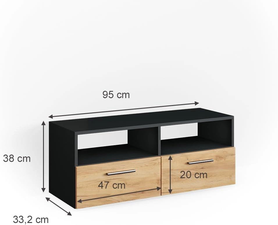 Mobile tv Diego, Antracite, 190 x 38 cm, adatto come supporto TV con ripiani aperti