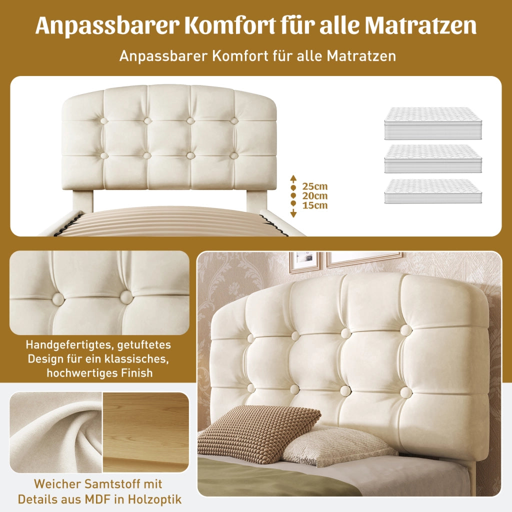 LETTO imbottito 90x200 cm in velluto beige con testiera regolabile e cassetti