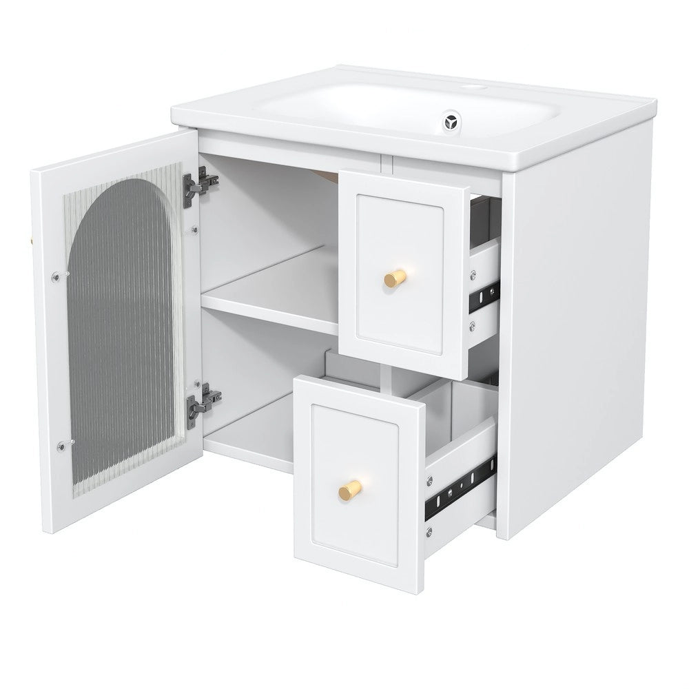 Mobile da Bagno Sospeso con Lavabo in Ceramica, LED e Ante in Vetro ¨C Xylo ¨C Nero/Bianco