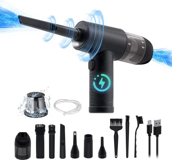 Doppio Uso Distrattore d'Aria Professionale, 6000mAh batteria ricaricabile aspirapolvere a mano con schermo di potenza, 43000/47000/51000 giri/min, 8 accessori per bocchetta e spazzola per ufficio/auto/divano