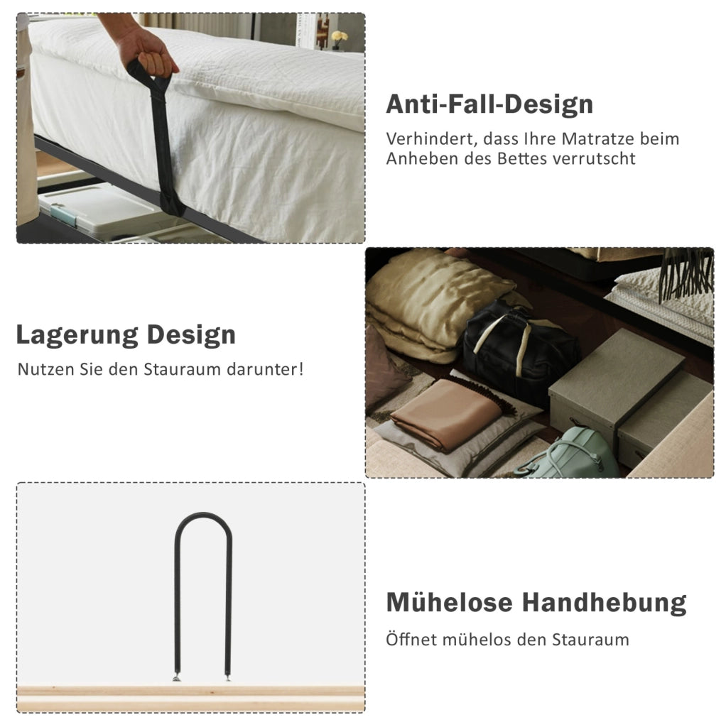 Letto contenitore 160x200 beige con LED, USB-C e comodini