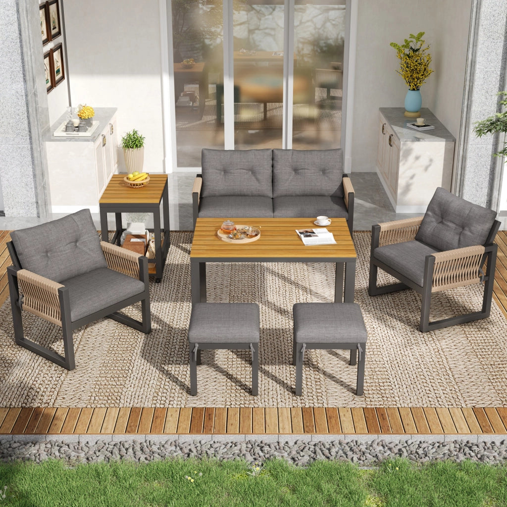 Set Divanooi esterni lounge: struttura ferro; braccioli intrecciati; cuscini seduta inclusi + tavolo