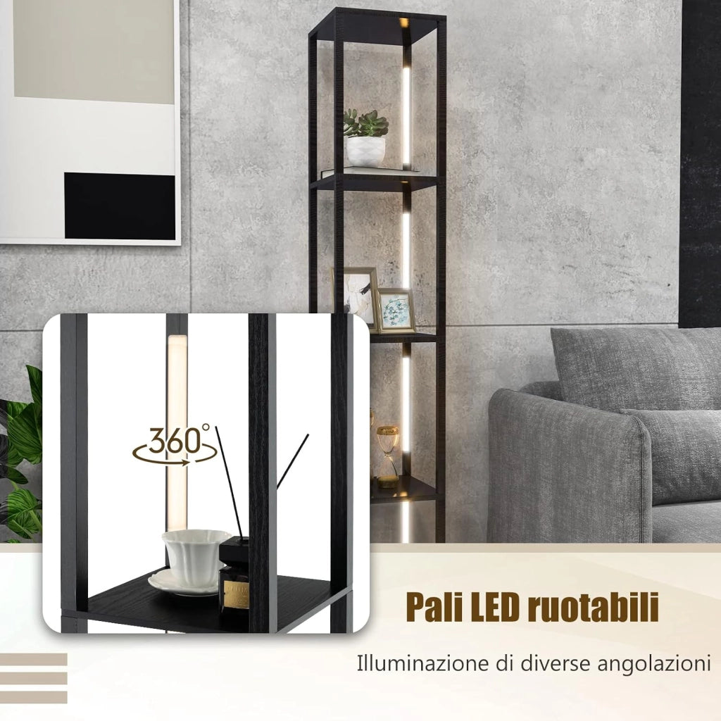 Lampada da Terra con Mensola, Lampadine LED Dimmerabili a 3 Livelli e Poli LED Ruotabili, Piantana Lampada da Terra per Soggiorno, Studio e Camera da Letto (Nero)