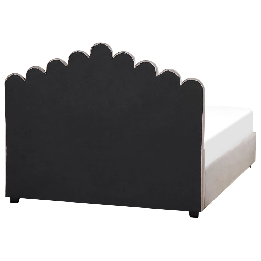 Letto contenitore matrimoniale rete a doghe velluto tortora 160 x 200 testiera a conchiglia