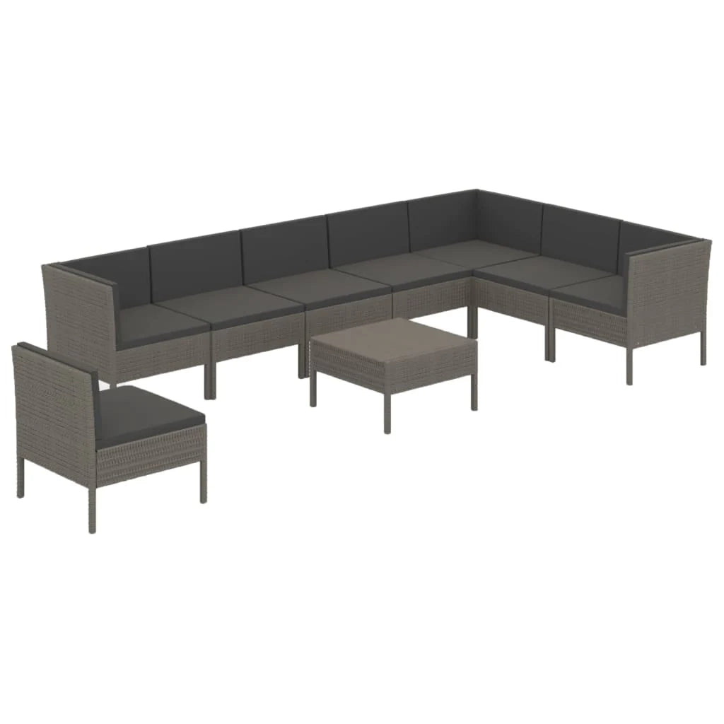 Set di mobili da giardino per esterni 9 pezzi con cuscini resina intrecciata grigia 02_0018089