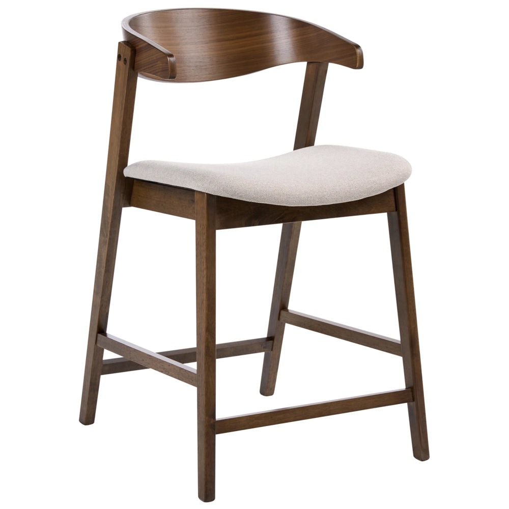 Set di 2 sedie da bar in tessuto di poliestere marrone scuro-taupe con gambe in legno di gomma stile retrò-tradizionale