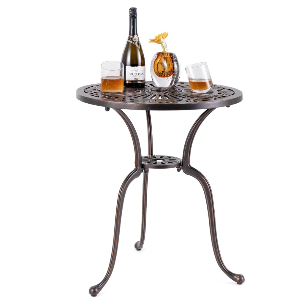 Tavolo da pranzo rotondo in alluminio pressofuso da 61cm, Tavolo da giardino con foro per ombrellone da 5cm Bronzo-Tavoli da esterno