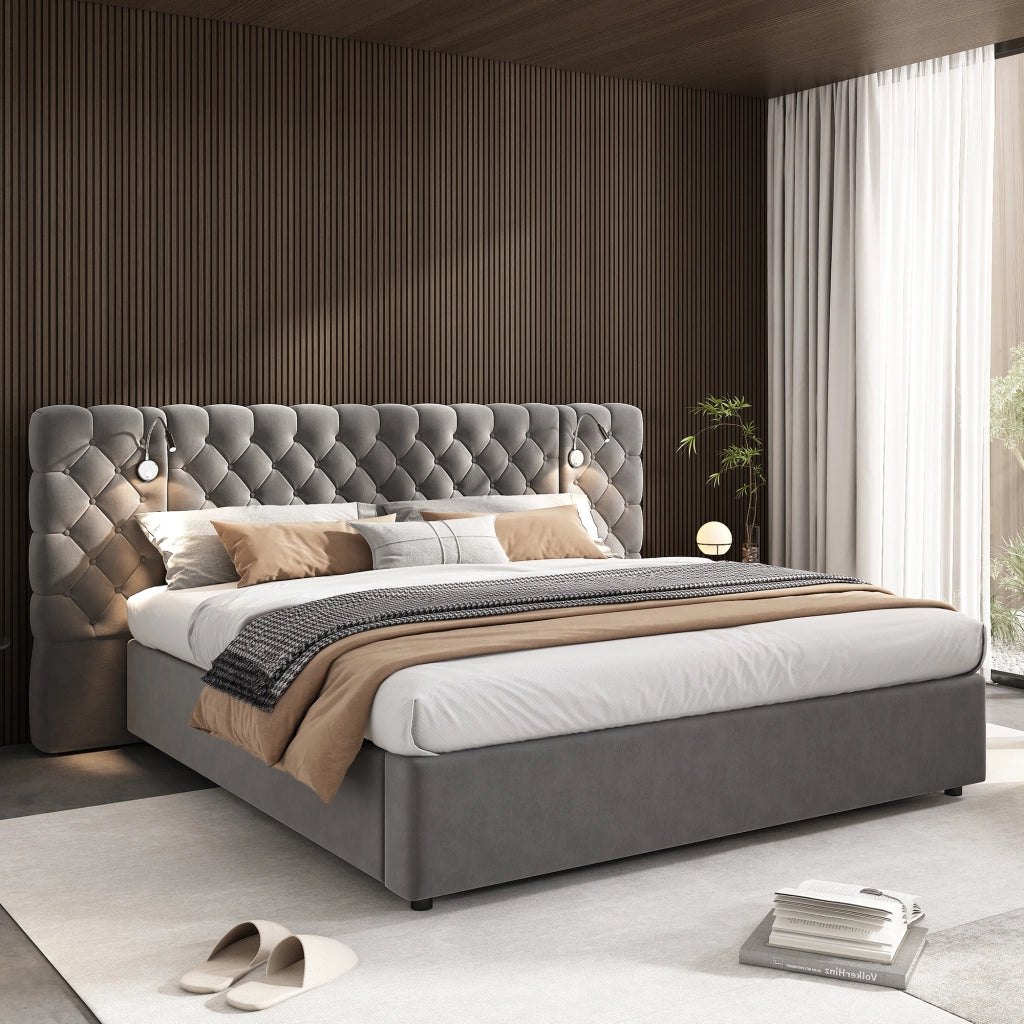 OKWISH Letto Contenitore 160×200 cm, Letto Matrimoniale con Sollevamento Idraulico, LED Regolabile, Lampada da Lettura e Testiera Ampia, senza Materasso, in Velluto, Grigio