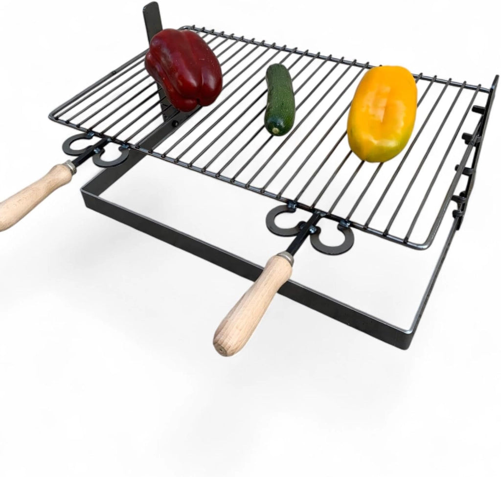 Griglia in ferro regolabile su più altezze, bistecchiera con manici in legno, per barbecue e camino per carne pesce verdure 60x36cm