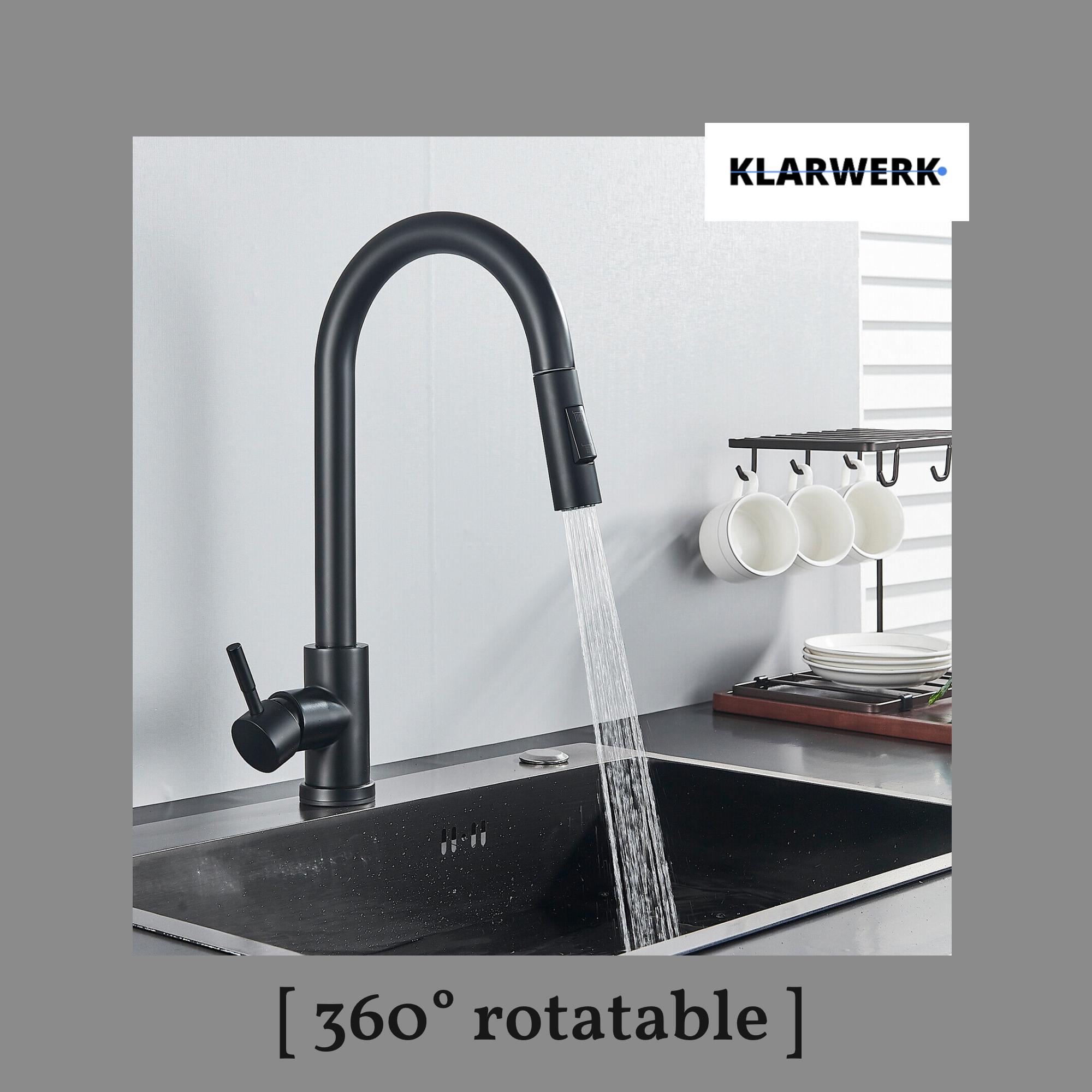 JANA | Rubinetto da cucina estraibile Premium in acciaio inox nero opaco miscelatore arco alto |gastronomia alta pressione ruotabile a 360° 2 attacchi