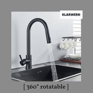 JANA | Rubinetto da cucina estraibile Premium in acciaio inox nero opaco miscelatore arco alto |gastronomia alta pressione ruotabile a 360° 2 attacchi