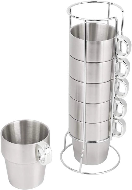 Set di tazze per caffè in acciaio inossidabile da 300 ml - 6 pezzi - Set di due strati anti-scottatura per acqua, latte e tè - Con contenitore per tazze da tavolo - Tè di mezzogiorno, brunch, campeggio.