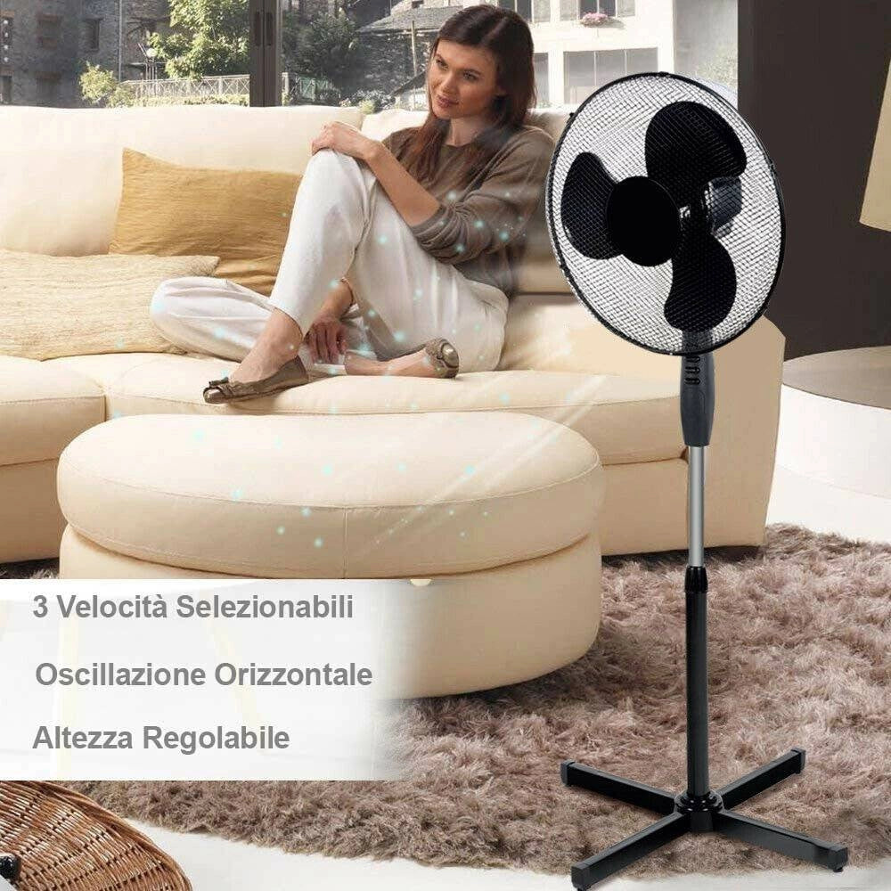 Trade Shop - Ventilatore A Colonna Piantana 45w Pale 40cm 3 Velocità Altezza Regolabile Nero -