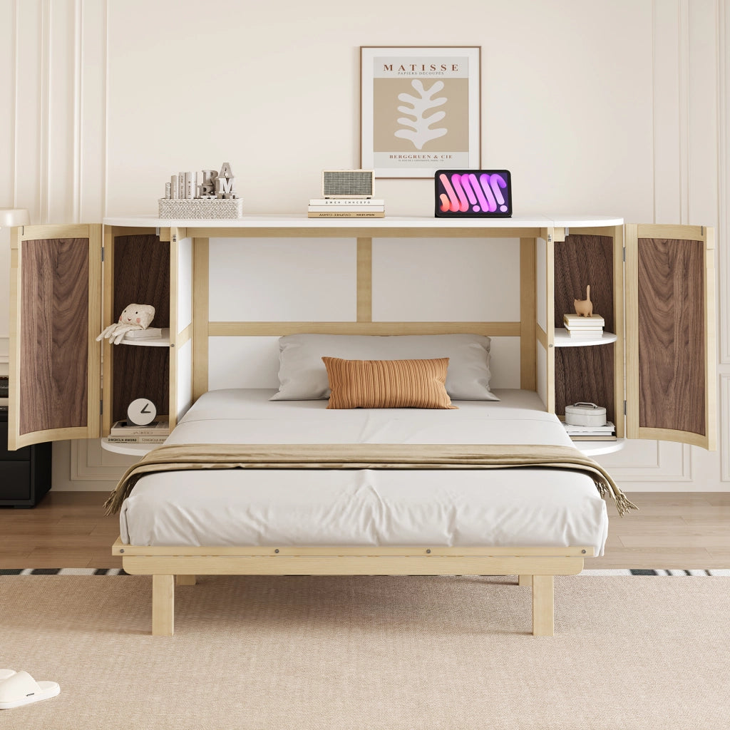 OKWISH Letto a scomparsa 140×200 cm, Letto Matrimoniale con Contenimento, Mensole e Design in Rattan, senza Materasso, in Legno, Naturale