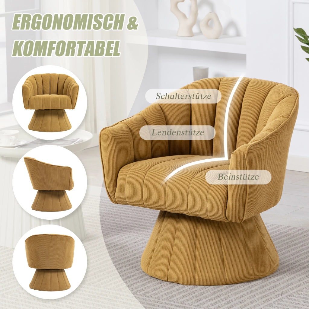 Sedia girevole 360° con seduta imbottita e braccioli avvolgenti in velluto a coste giallo senape 70 × 66 × 72 cm