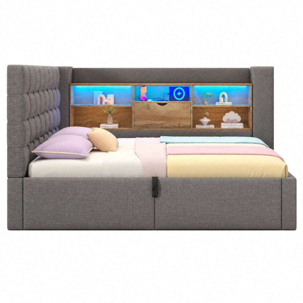 Letto singolo 90 × 190 cm con contenitore idraulico; LED e porte USB; tessuto grigio
