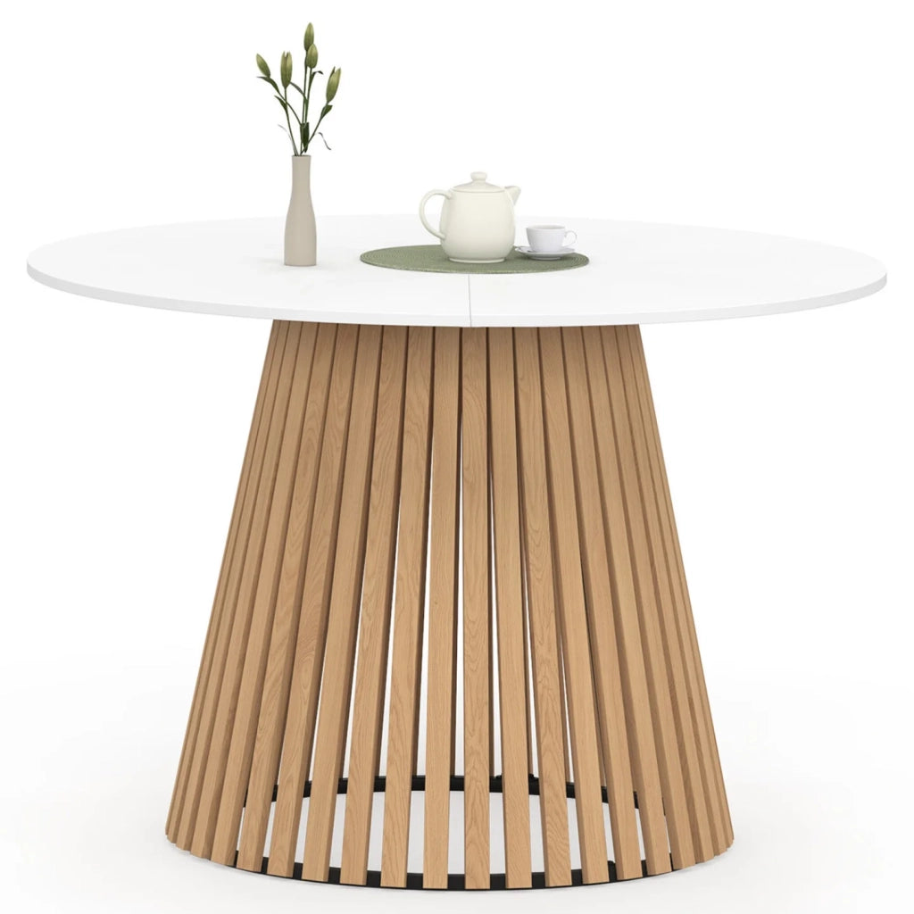 IDMarket - CARMEN Tavolo da pranzo rotondo per 6 persone con gambe a doghe in legno e piano in legno bianco 110 cm